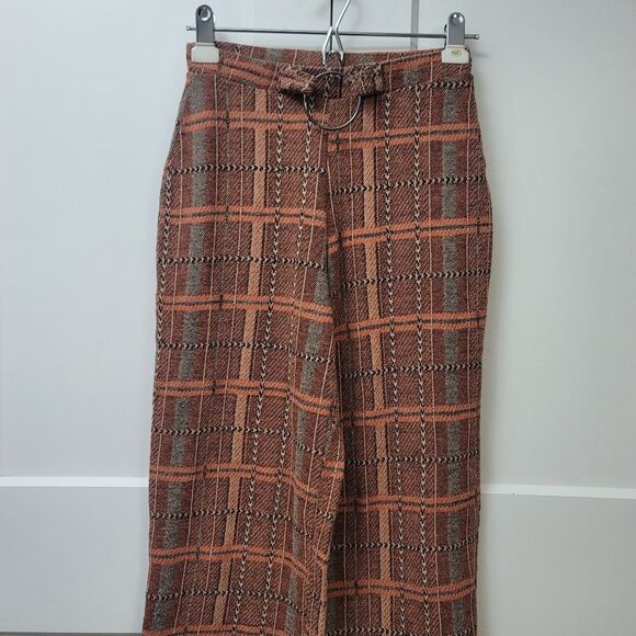 Zara Trafaluc Orange and Brown Plaid Wide-Leg Pants, Small - Picture 4 of 7